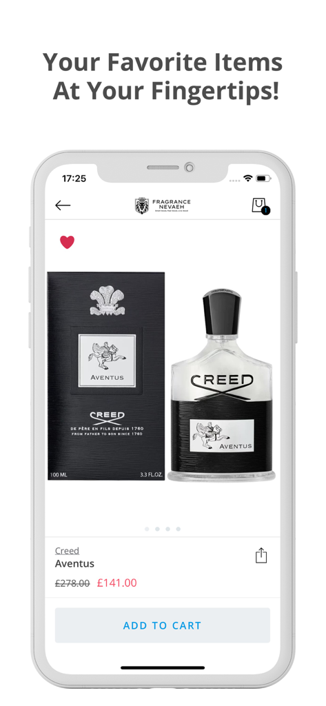 Fragrance Nevaeh - Mobile app product screen showing Creed Aventus perfume with price and add to cart button
