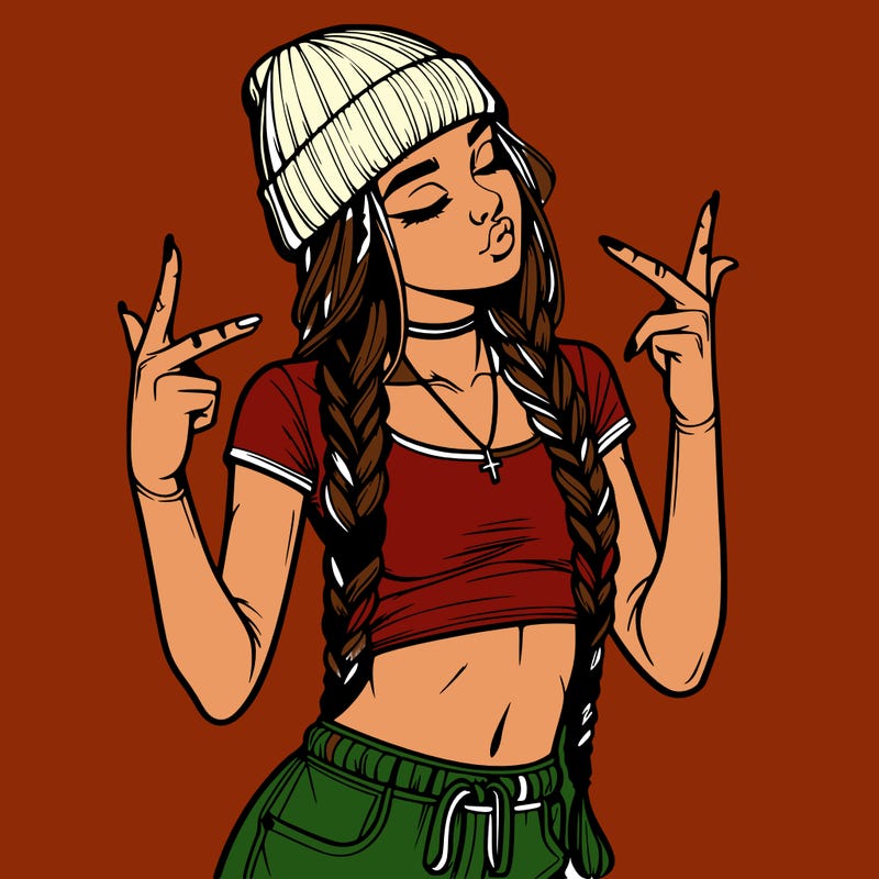 realistic teenage girl with braids and a beanie and crop top doing 🫶🏼
