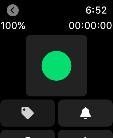 Apple Watch screen showing the goWatch app interface with GoPro battery level recording timer and control buttons