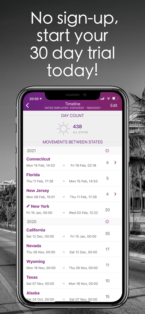 Timeline of US state movements and day counts for tax residency tracking in the TrackingStates app