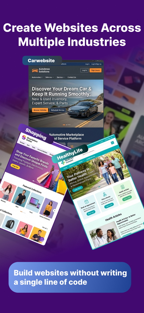 Creador de sitios web con IA que muestra plantillas para diversas industrias, incluyendo automotriz y comercio electrónico
