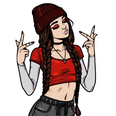 realistic teenage girl with braids and a beanie and crop top doing 🫶🏼