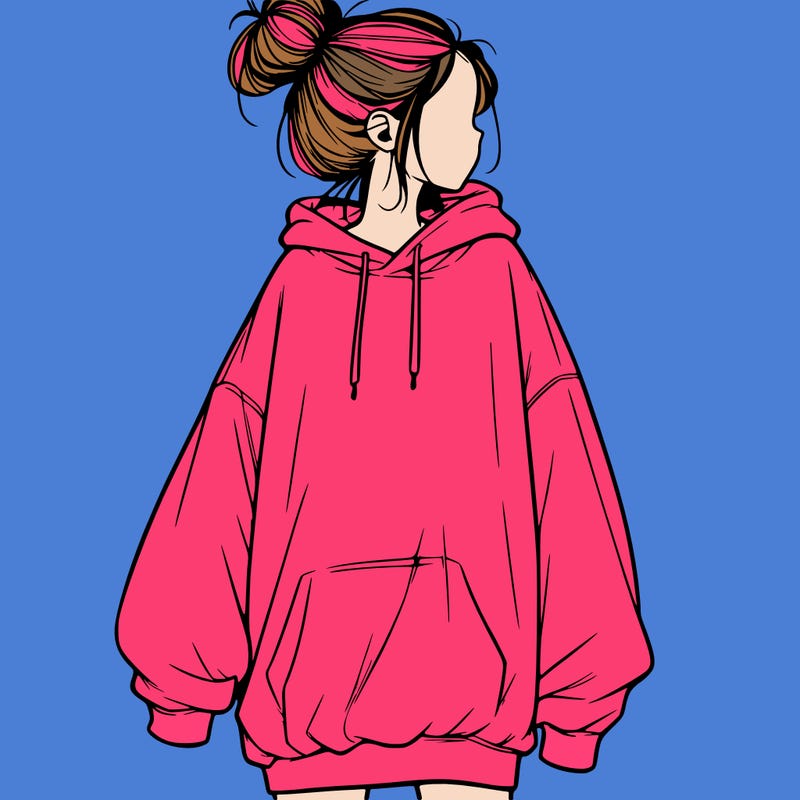 realistic girl with a oversized sweatshirt on and a bun