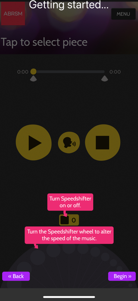 ABRSM SfMT Practice Partner - Tutorial screen for the ABRSM Singing for Musical Theatre Practice Partner app showing playback controls and tempo adjustment features