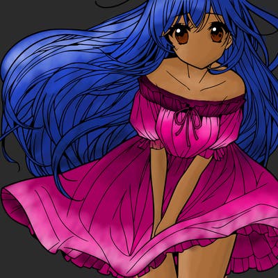 manga girl with long flowing hair and a dress that is pushed down