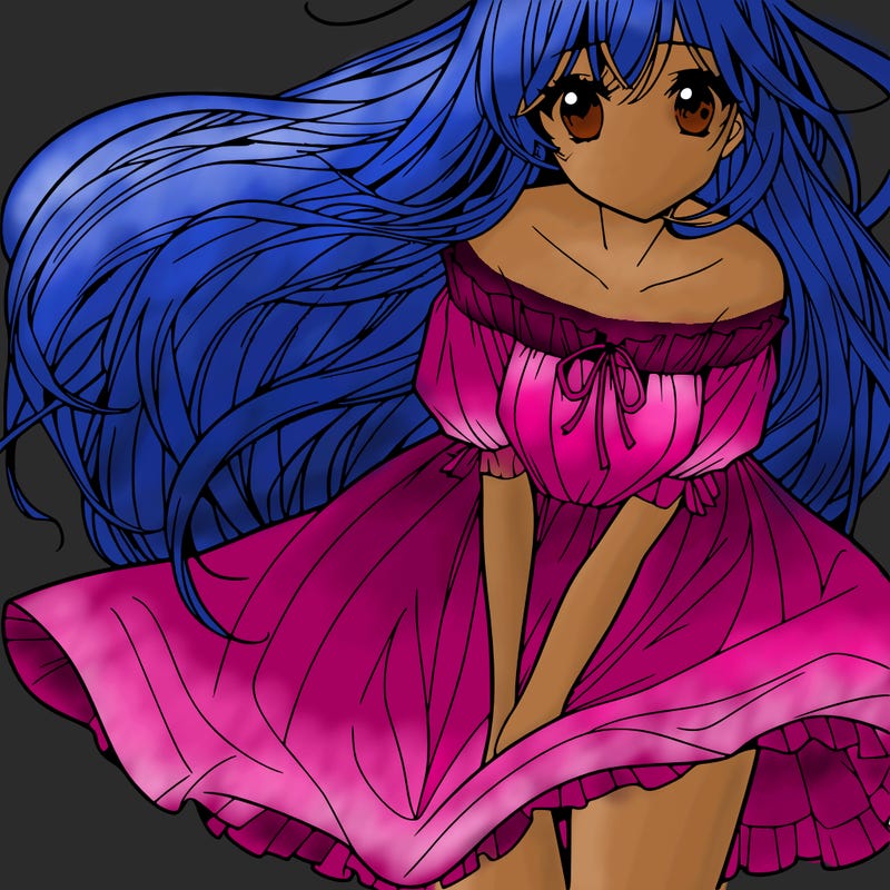 manga girl with long flowing hair and a dress that is pushed down