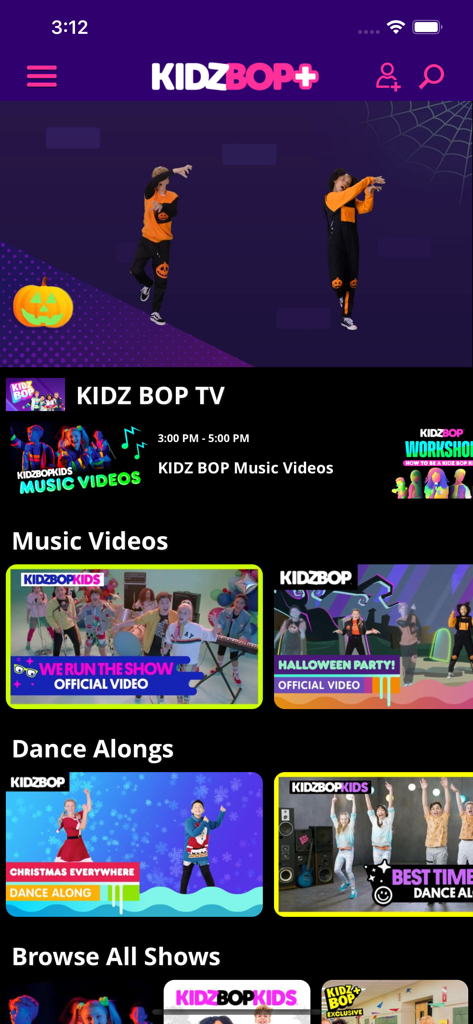 KIDZ BOP plus app interface showing music videos and dance tutorials for kids