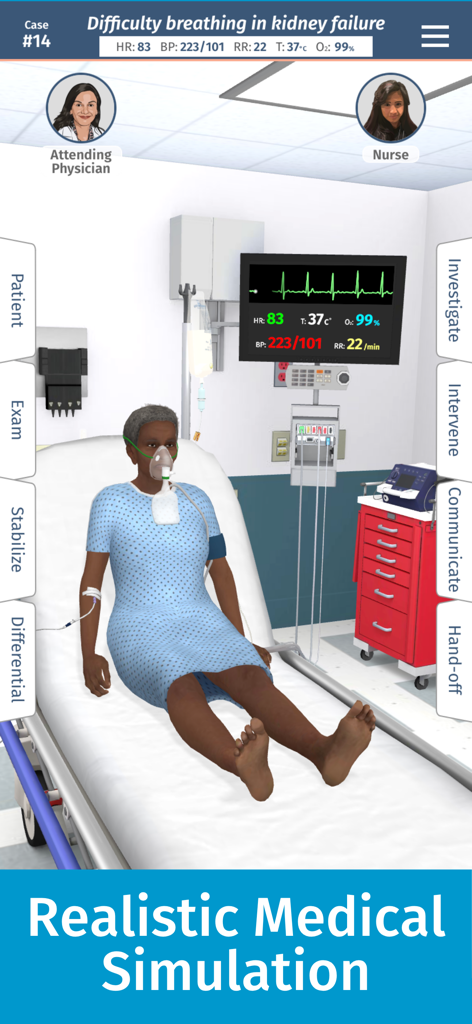 Full Code Medical Simulation - Full Code Medical Simulation app showing a virtual patient with breathing difficulty in a hospital setting with vital signs monitors