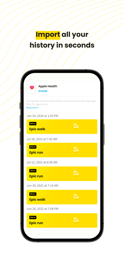 Relive app interface showing a list of imported walks and runs from Apple Health on an iPhone