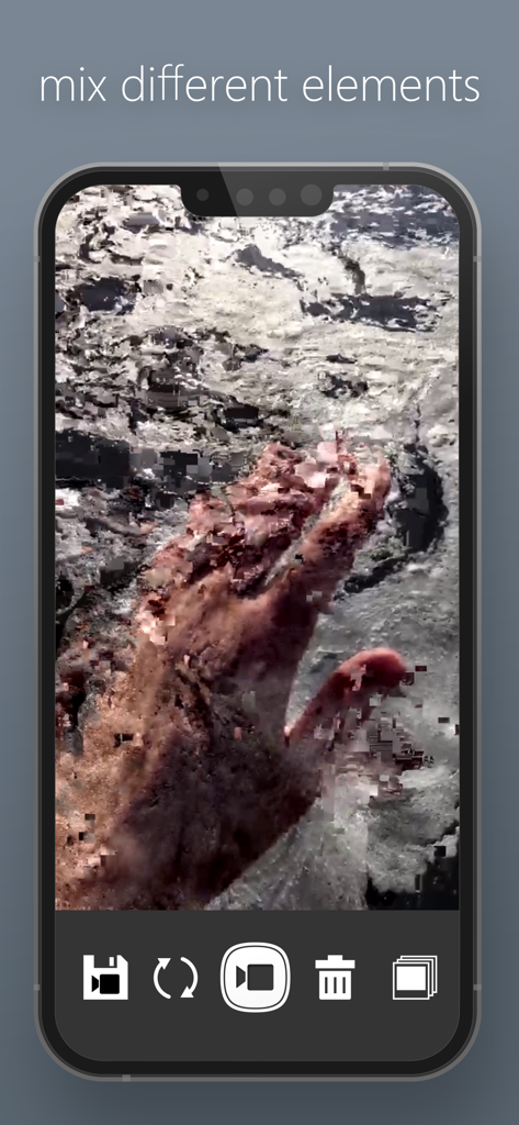 手をテクスチャード背景に溶かし込むデータモッシュされたビデオエフェクトを備えたMoshUpアプリのインターフェースが表示されているスマートフォン