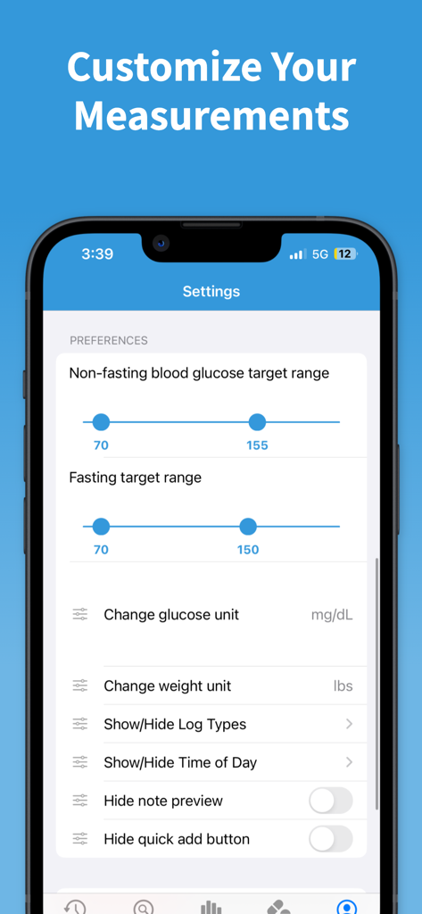 Glucose | Blood Sugar Tracker - Settings screen of the Glucose app showing options to customize non-fasting and fasting blood glucose target ranges and measurement units.