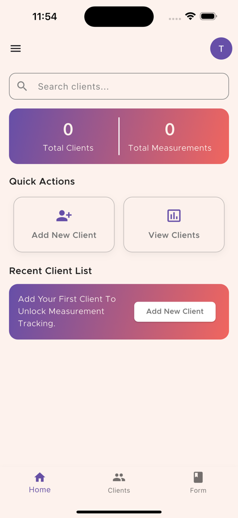 My Tailor App - Home dashboard of My Tailor App displaying client and measurement statistics with options to add or view clients