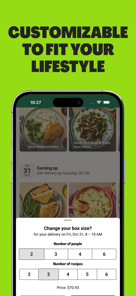 HelloFresh mobile app screen showing how to change box size by selecting number of people and recipes