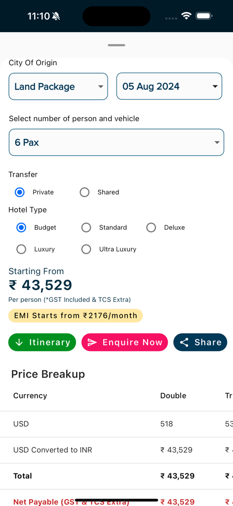 Flamingo Travels - Flamingo Travels app interface showing package customization and pricing details