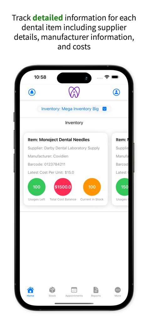 Dental Inventory - Dental Inventory app interface showing detailed item information for dental supplies including supplier, manufacturer, costs, and stock levels.