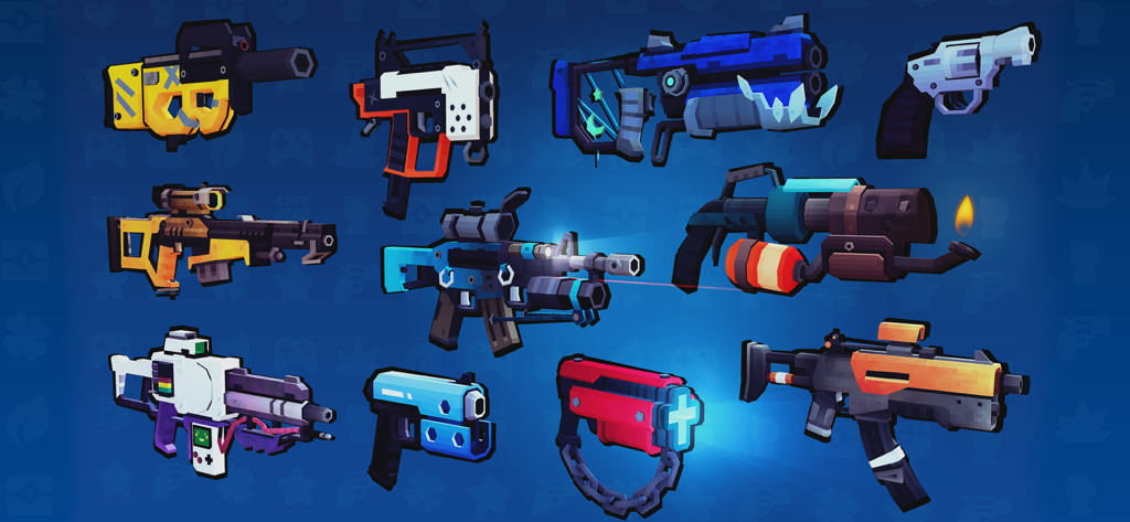 Vortex 9 - shooter games - Eine Auswahl an bunten und stilisierten Waffen aus dem Vortex 9 Shooter-Spiel