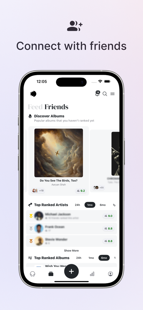 Echo - Rank music! - Interface of the Echo app showing a feed of music ranked by friends and top ranked artists like Frank Ocean and Stevie Wonder