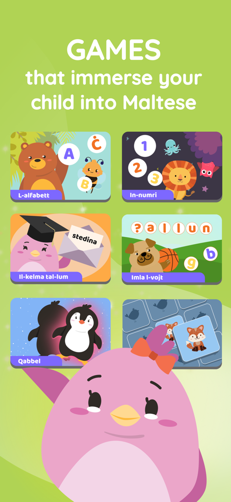 A selection of educational games in Maltese including alphabet and numbers for children in the Nina u Ninu app