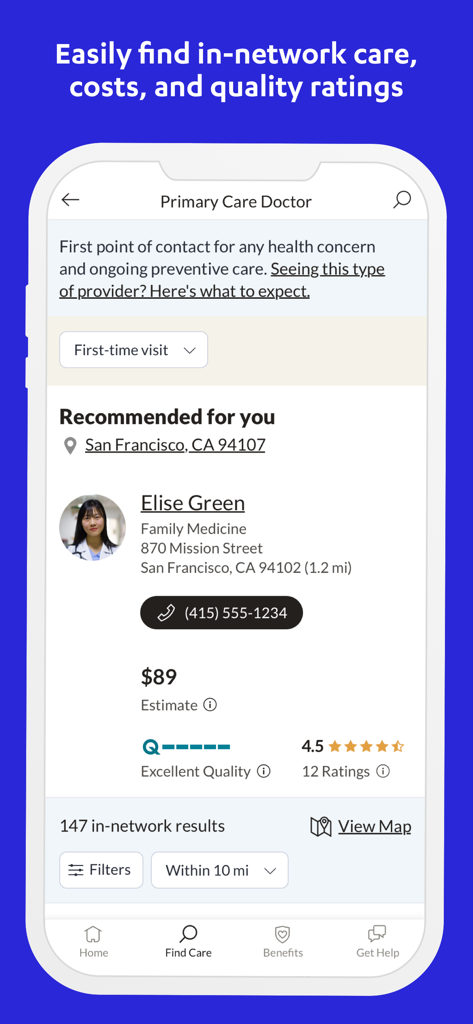 Castlight Mobile - Interface of Castlight Mobile app showing search results for an in-network primary care doctor with cost estimates and quality ratings.