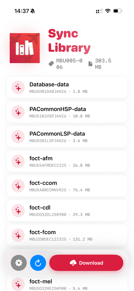 Interfaccia dell'app Sync Library che mostra un elenco di manuali aeronautici scaricabili e file di dati operativi