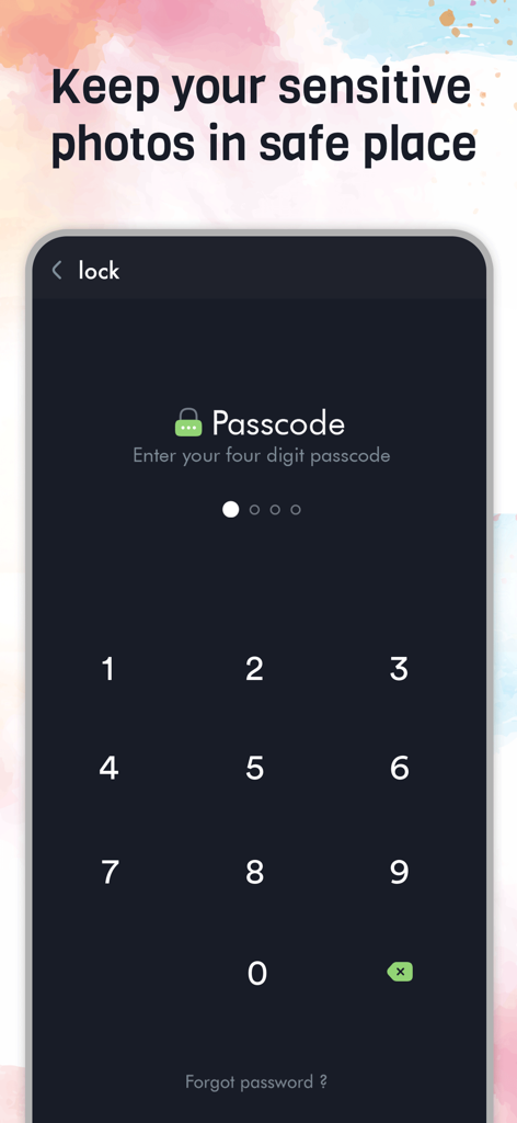 Schermata di blocco con codice numerico per la funzionalità del vault galleria sicuro per proteggere foto private.