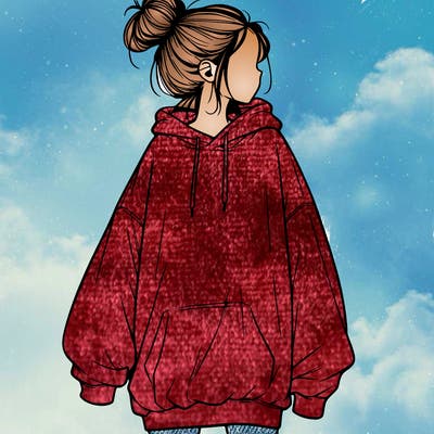realistic girl with a oversized sweatshirt on and a bun