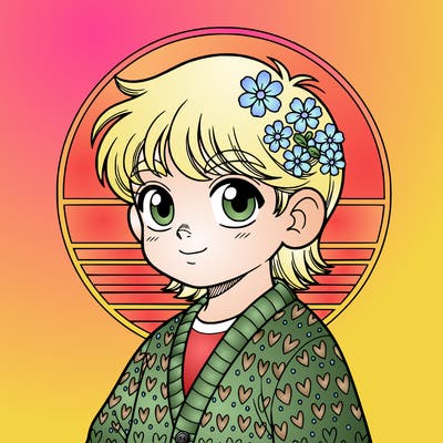 a kawaii boy wearing a cardigan and flowers in his hair, the sun setting behind him