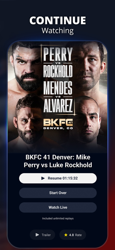 TrillerTV: Live Sports - App TrillerTV che mostra l'evento BKFC 41 Mike Perry contro Luke Rockhold con opzioni riprendi e guarda dal vivo.