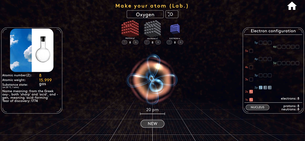 MEL VR Science Simulations - Interactive oxygen atom building simulation with proton neutron and electron counters and orbital visualization