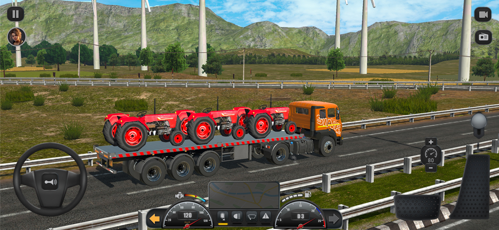 Truck Masters: India Simulator - 背景に山と風力タービンがある高速道路で、複数の赤いトラクターを輸送しているオレンジ色のトラック。