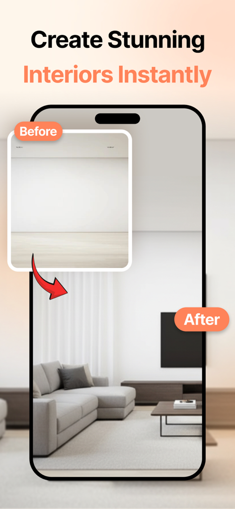 Comparação antes e depois de um quarto vazio transformado em uma sala de estar moderna mobiliada usando IA