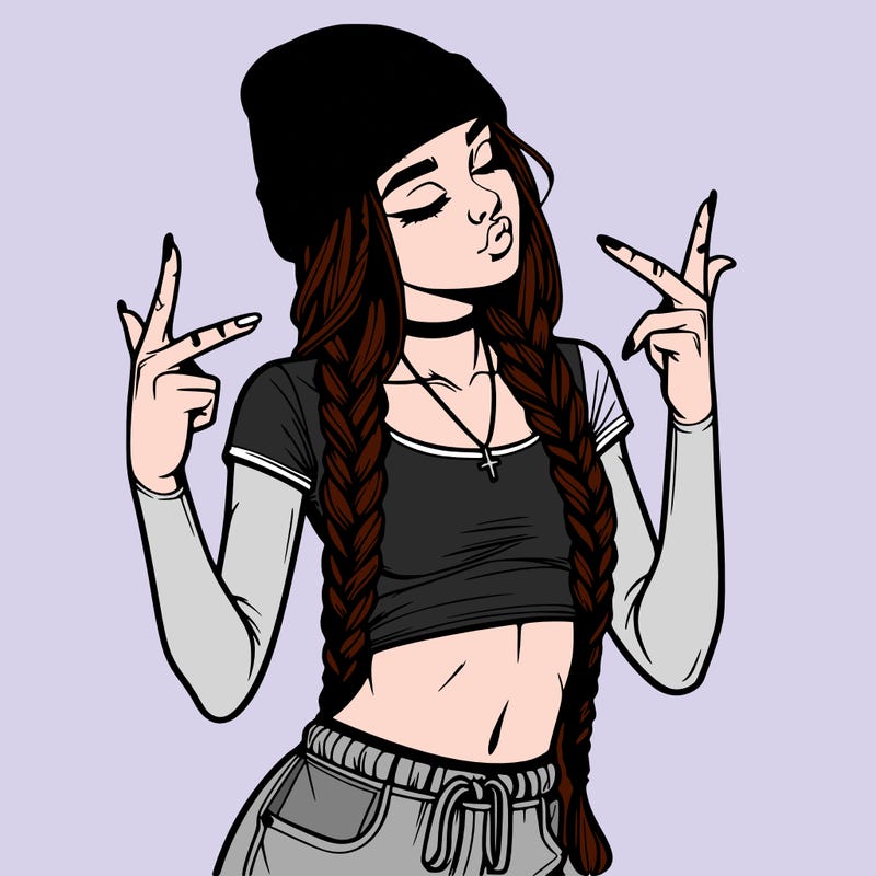 realistic teenage girl with braids and a beanie and crop top doing 🫶🏼