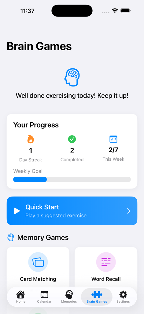MemoryFy Inc - Tableau de bord Jeux cérébraux de MemoryFy montrant la progression des exercices cognitifs et les options de jeux de mémoire