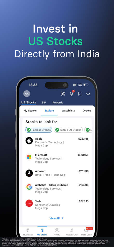 Interface do aplicativo móvel INDmoney mostrando ações dos EUA como Apple e Microsoft disponíveis para investimento a partir da Índia