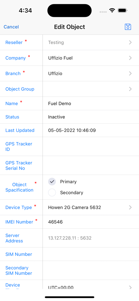 CONNECT PLUS GPS - Interfaz para editar detalles del objeto, incluyendo empresa, tipo de dispositivo y número IMEI en la aplicación CONNECT PLUS GPS.