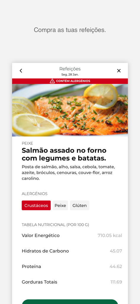 Plataforma sasocial - Meal detail screen in the Plataforma sasocial app showing baked salmon with nutritional information and allergen warnings