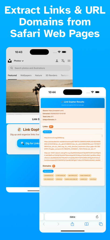 Link Gopher - extract URL - Link Gopher app interface on iPhone showing extracted links and unique domains from a Safari webpage.
