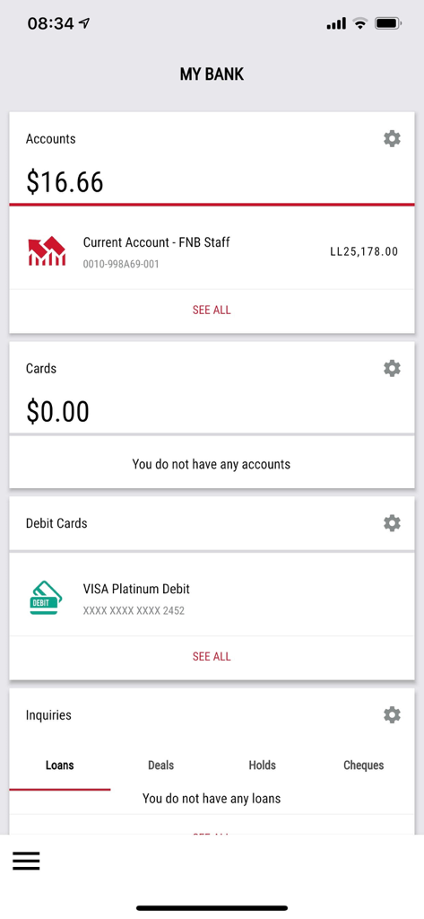 Dashboard of the FNB Mobile App showing bank accounts in USD and Lebanese Pounds