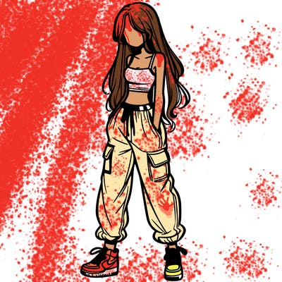 girl in baggy pants crop top and long hair