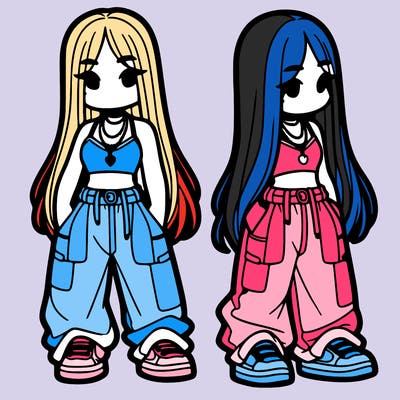 girl in baggy pants crop top and long hair