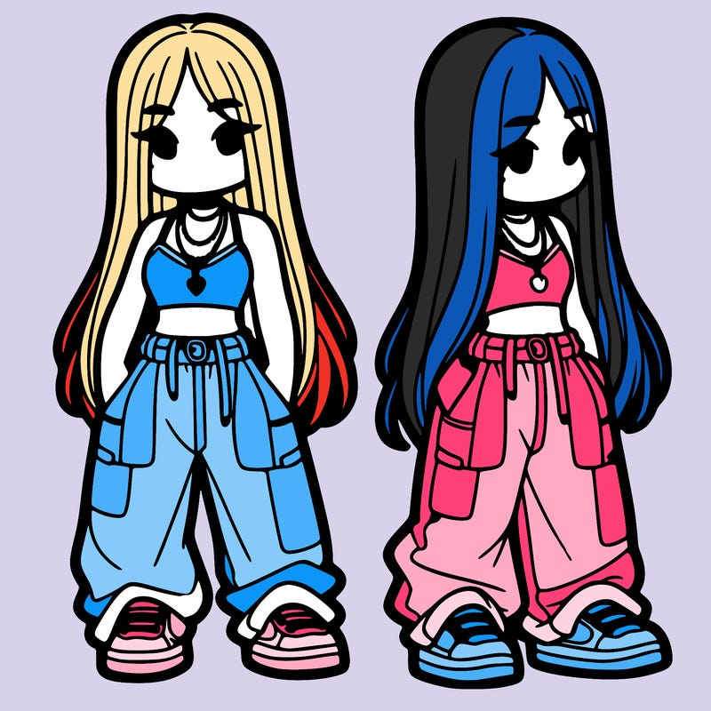 girl in baggy pants crop top and long hair