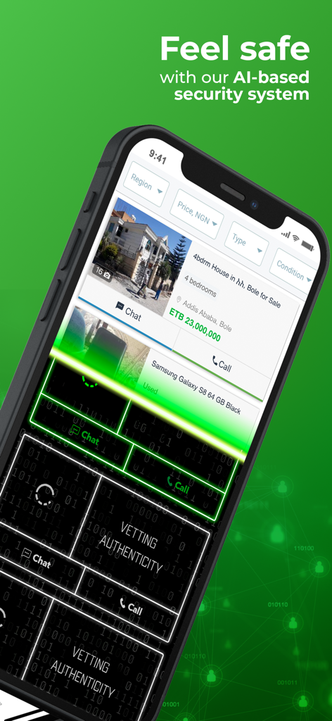Jiji Ethiopia - ジジ・エチオピアアプリのセキュリティシステムが、審査と真正性のためにリスティングをスキャンしているスマートフォンの画面。