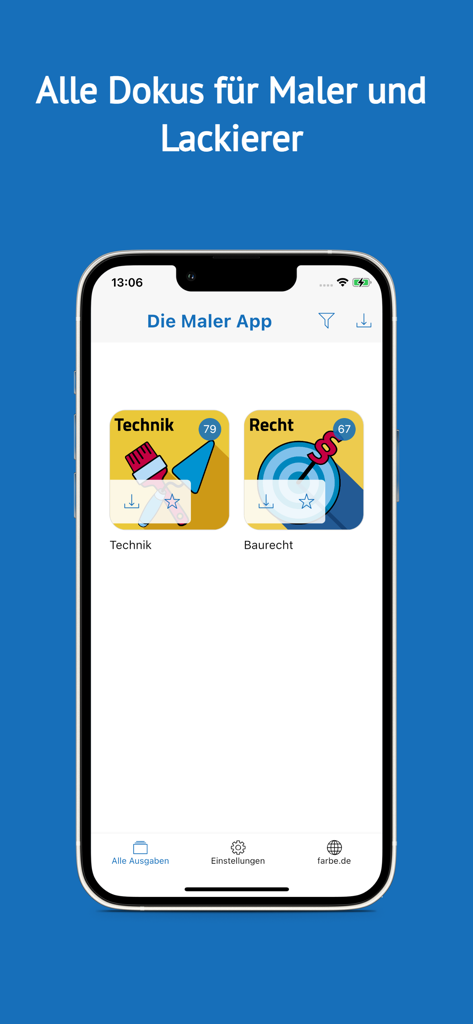 Dashboard der Maler-App auf einem iPhone mit Bereichen für technische Richtlinien und Baurecht für Profi-Maler