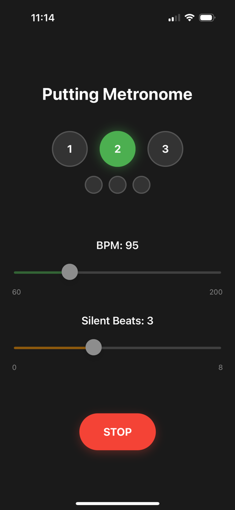 Golf Putting Metronome - Interface of the Golf Putting Metronome app with BPM and silent beat sliders for tempo training