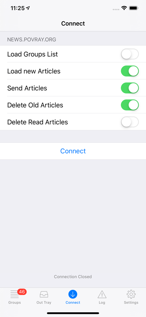 Pantalla de configuración de conexión para el lector de noticias de Usenet NewsTap mostrando opciones de sincronización del servidor.