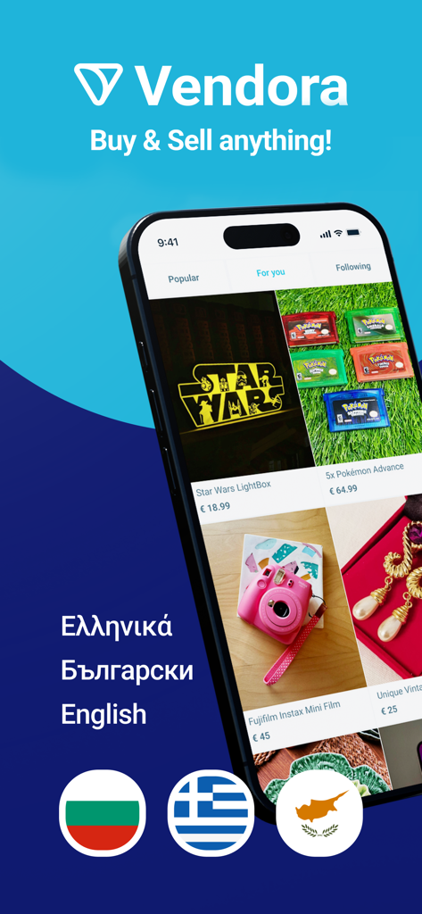 Mobile phone screen displaying the Vendora app marketplace with various items for sale and multi language options