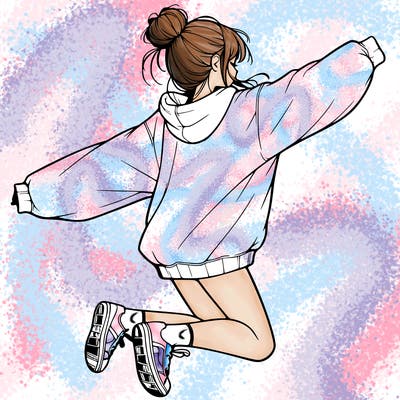 realistic girl jumping with a bun and oversized sweatshirt