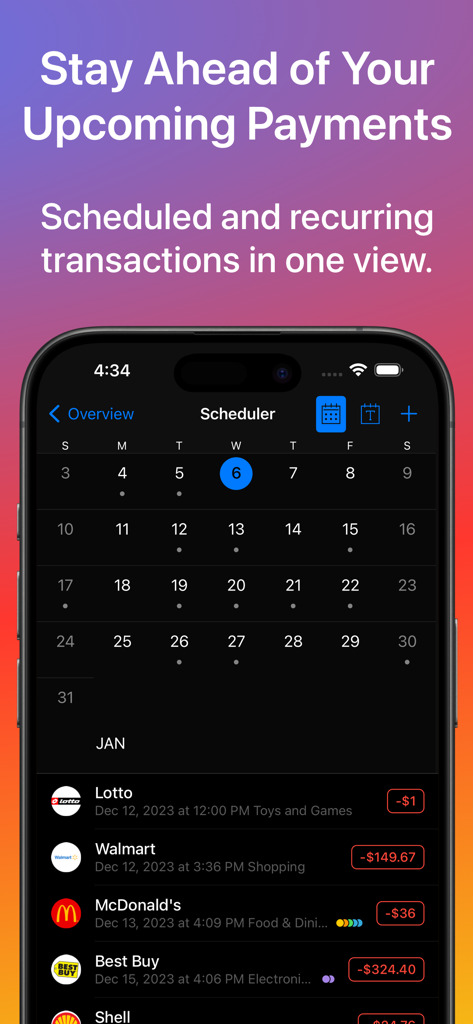 Screenshot of the Money app showing scheduled and recurring payments in a unified calendar view