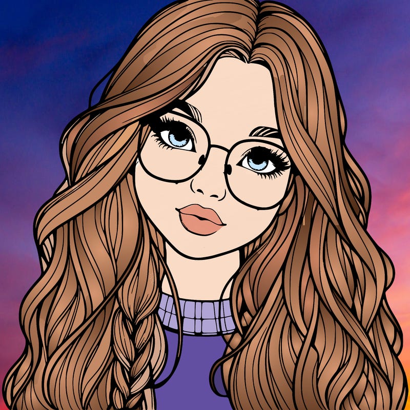 girl with long hair and freckles and glasses realistic
