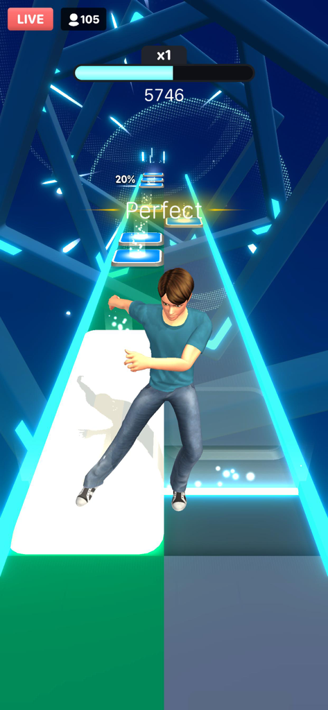 A character performing a perfect dance move on a neon blue rhythm track in the Tap Tap Dancefloor app